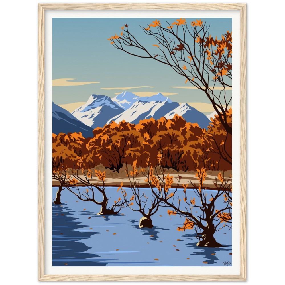 Glenorchy Willow Trees Autumn Travel Poster, New Zealand